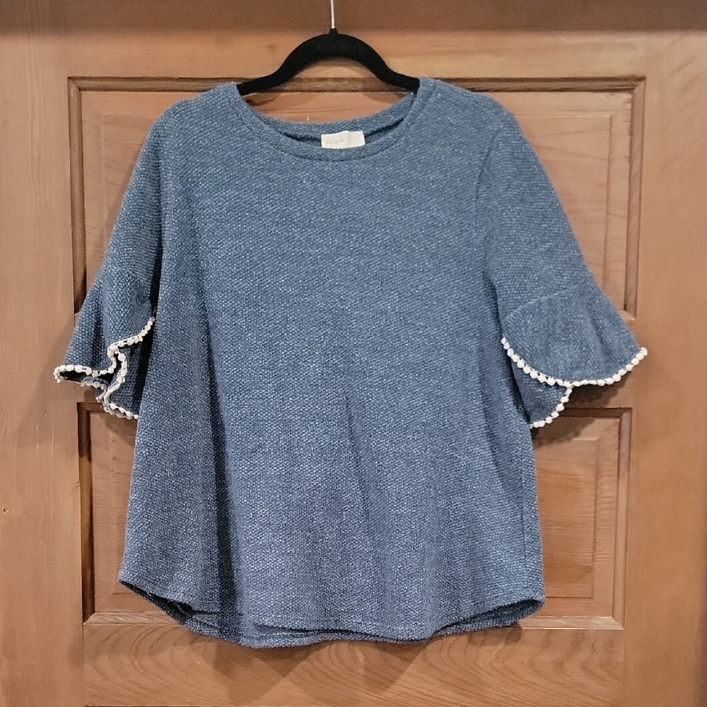 Boxy Blue and White Bell Sleeve Blouse